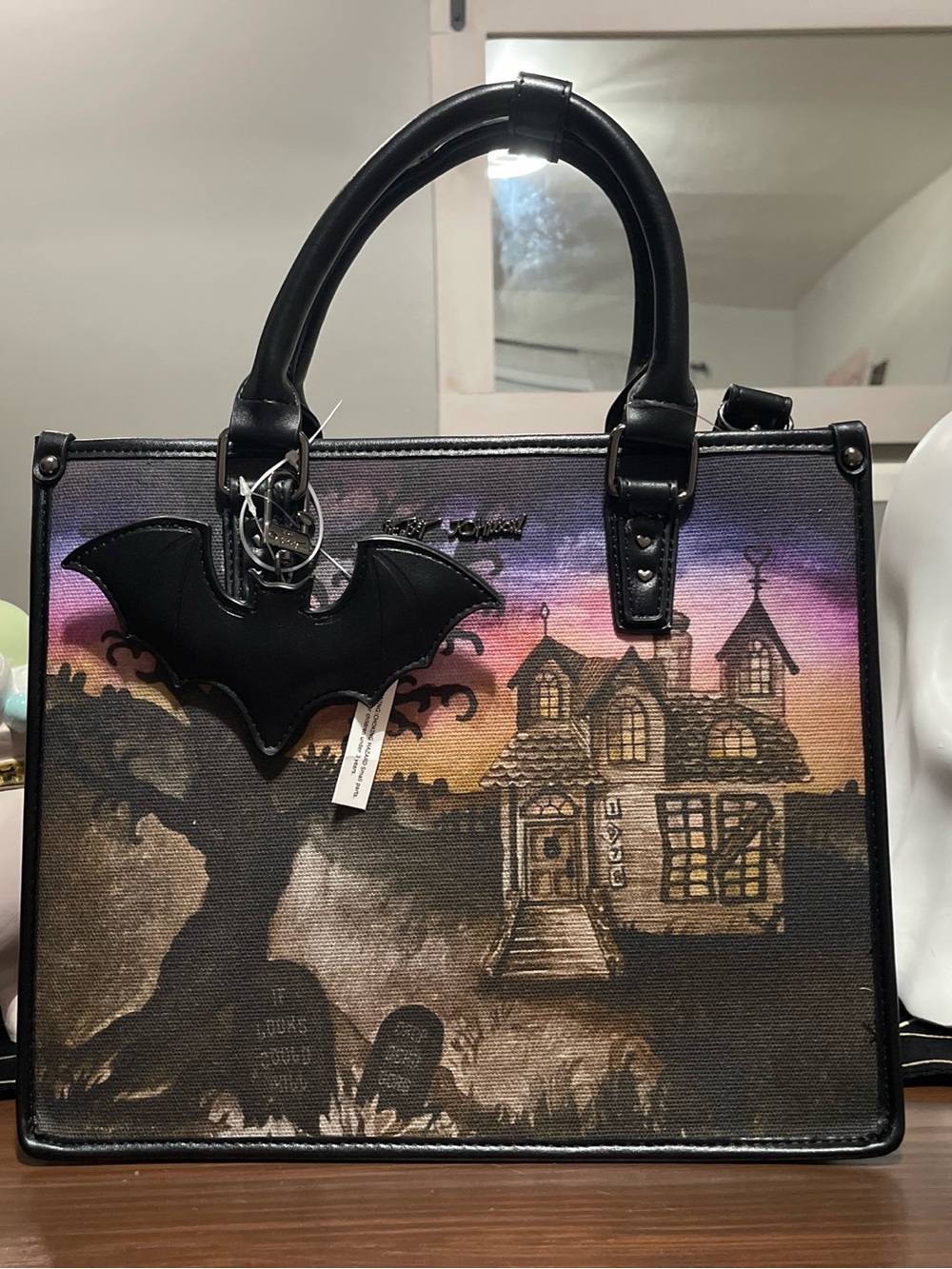 Betsey Johnson Black Haunted House Tote with Bat Charm